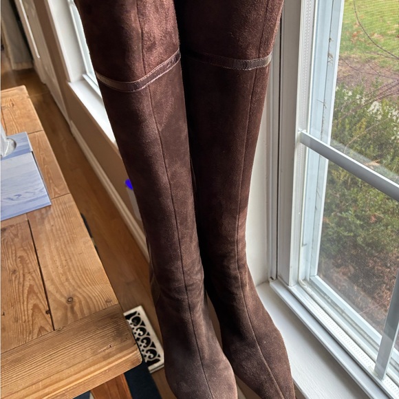 Women’s Genuine Suede Knee High Chocolate Dark Brown Heeled Boots - Picture 12 of 12